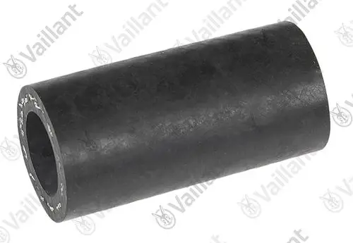 Schwarze, zylindrische Gummikonstruktion mit durchgehendem Innenraum. Produkt von Vaillant, vermutlich für Heizungs- oder Rohrleitungssysteme geeignet.